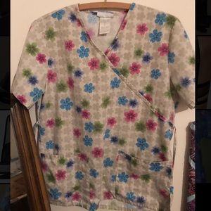 SB Small Khaki Scrub Top With Flower Graphics